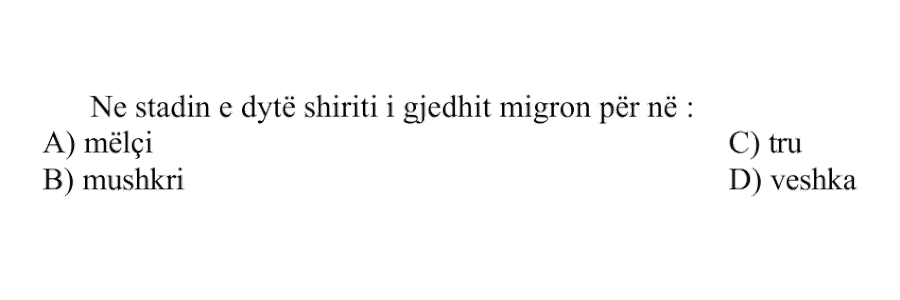 Në stadin e dytë shiriti i gjedhit migron për në: A) Mëlçi B) Mushkëri C) Tru D) Veshka