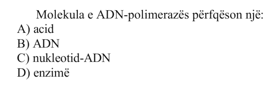Molekula e ADN-polimerazës përfaqëson një: A) Acid B) ADN C) Nukleotid-ADN D) Enzimë