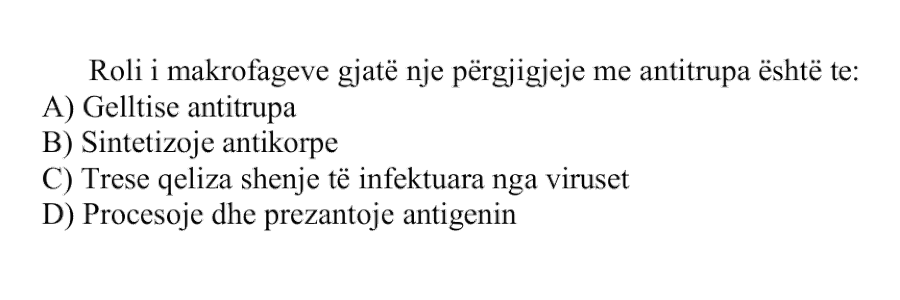 Roli i makrofagëve gjatë një përgjigjeje me antitrupa është të: A) Gëlltisë antitrupa B) Sintetizojë antikorpe C) Tresë qeliza shenjë të infektuara nga viruset D) Procesojë dhe prezantojë antigjenin