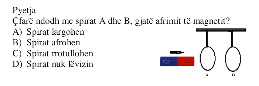 Çfarë ndodh me spirat A dhe B, gjatë afrimit të magnetit? A) Spirat largohen B) Spirat afrohen C) Spirat rrotullohen D) Spirat nuk lëvizin