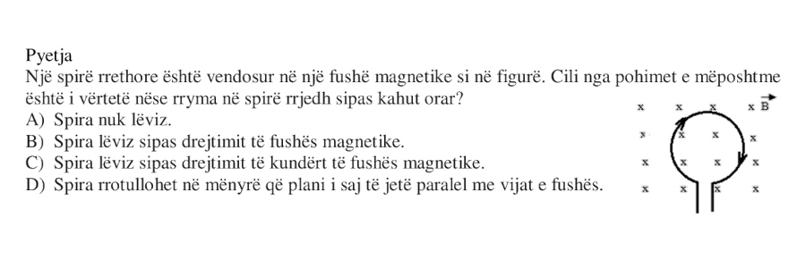 Një spirë rrethore është vendosur në një fushë magnetike si në figurë. Cili nga pohimet e mëposhtme është i vërtetë nëse rryma në spirë rrjedh sipas kahut orar? A) Spira nuk lëviz. B) Spira lëviz sipas drejtimit të fushës magnetike. C) Spira lëviz sipas drejtimit të kundërt të fushës magnetike. D) Spira rrotullohet në mënyrë që plani i saj të jetë paralel me vijat e fushës.