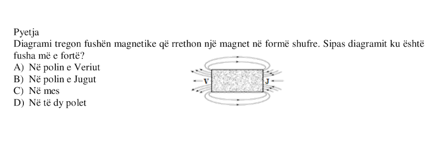 Diagrami tregon fushën magnetike që rrethon një magnet në formë shufre. Sipas diagramit ku është fusha më e fortë? A) Në polin e Veriut B) Në polin e Jugut C) Në mes D) Në të dy polet